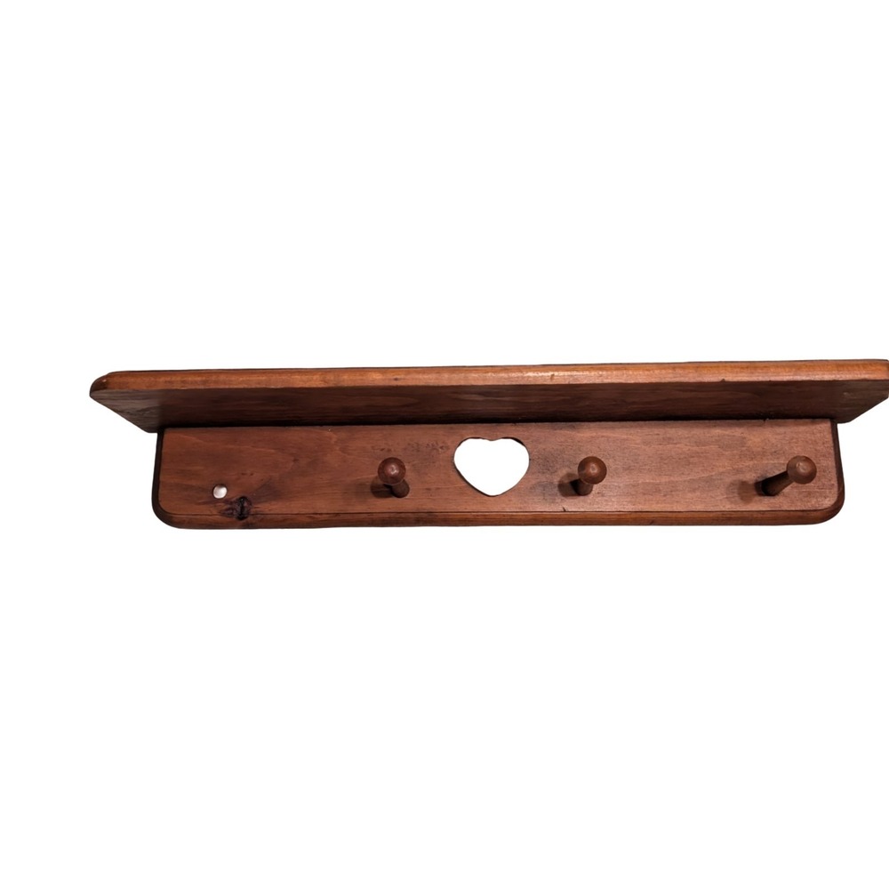 Vtg Wood Wall Shelf Heart Cutout Peg Hook Farmhouse Cottagecore 24 in